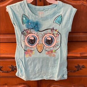 Justice Teal Owl Graphic Tee with Glitter Accents